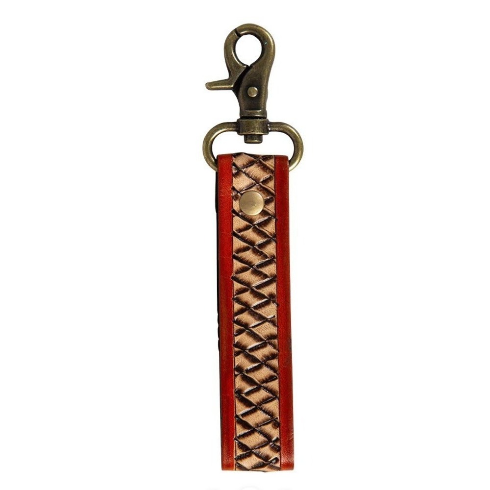 Myra Bag Maker's Weave Keychain FOB Red Brown Tooled Leather S-7546